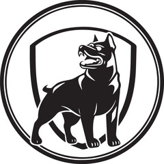 Powerful dog vector silhouette with a confident stance inside a shield emblem. Ideal for security logos, protection services, or strong canine mascots.