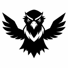 Powerful black and white owl emblem with wings spread open on a clean white background