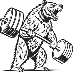 Powerful black and white illustration of a grizzly bear lifting a heavy barbell for fitness