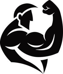 Silhouette of a strong muscular man flexing his bicep showing strength and fitness