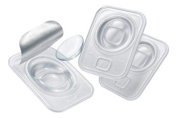 Open contact lens packaging showing a single contact lens next to its containers on transparent background.