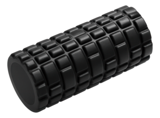 Black textured foam roller for fitness and muscle massage therapy, designed to enhance flexibility and reduce tension on transparent background.