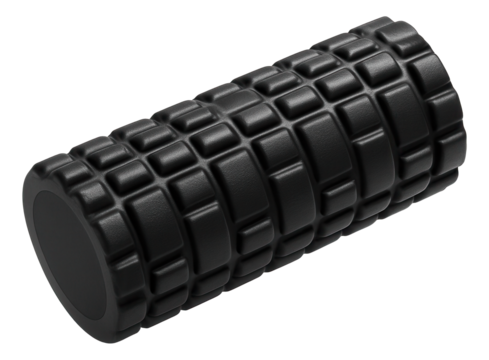 Black textured foam roller for fitness and muscle massage therapy, designed to enhance flexibility and reduce tension on transparent background.