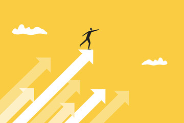 Businessman pointing arrows up in the sky next target. concept of moving forward, growth business, ambition, and motivation