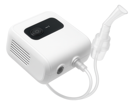 Portable white nebulizer with power button and attached mouthpiece on transparent background.