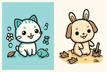 Cute Animal Characters with Cat and Bunny in Fun Style Illustration