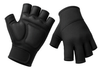 Pair of black fingerless gloves with textured grip and adjustable wrist strap on transparent background.