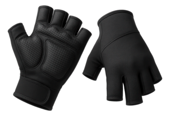 Pair of black fingerless gloves with textured grip and adjustable wrist strap on transparent background.