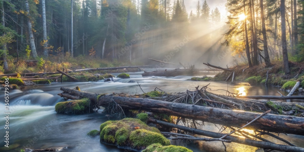 Poster Sunlight Filtering Through a Misty Forest, Illuminating a Tranquil Stream With Fallen Logs and Lush Greenery