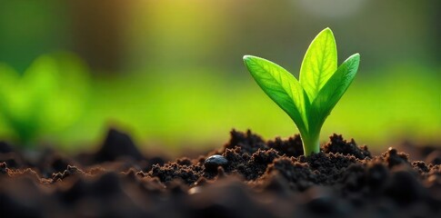 Close-up of vibrant green spring shoots emerging from rich soil, glistening with morning dew Fresh, new growth symbolizes the season's renewal and cool temperatures , sunlight, green