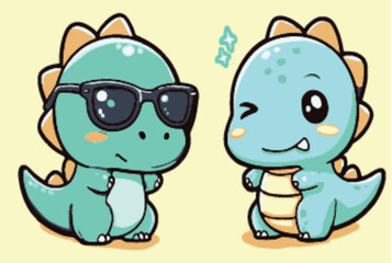 Fototapeta premium Cute Cartoon Dinosaurs with Sunglasses and Playful Expressions