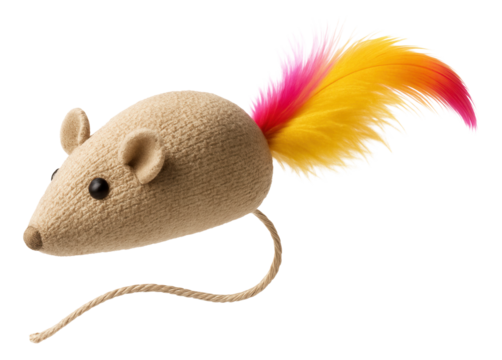 Beige fabric mouse cat toy with black eyes and vibrant yellow-pink feather tail, featuring a rope tail for interactive play on transparent background.