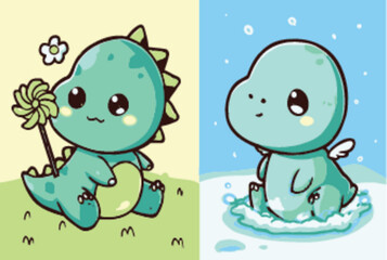 Cute Cartoon Dinosaur Character in Two Playful Scenes