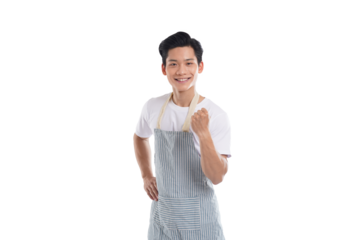 portrait of asian man wearing apron posing on white background