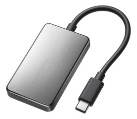 Portable external hard drive with a sleek brushed metal finish and USB-C cable connection on transparent background.