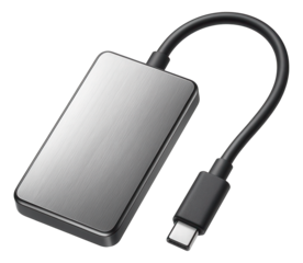 Portable external hard drive with a sleek brushed metal finish and USB-C cable connection on transparent background.