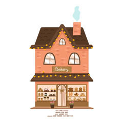 Cozy bakery and pink coffee shop. Cute showcase with buns, bread, pies and cakes.