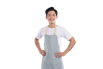 portrait of asian man wearing apron posing on white background