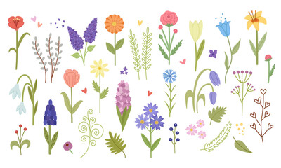 Spring flowers set. Peony, lilac, rose, muscari, snowdrop.