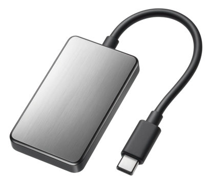 Portable external hard drive with a sleek brushed metal finish and USB-C cable connection on transparent background.