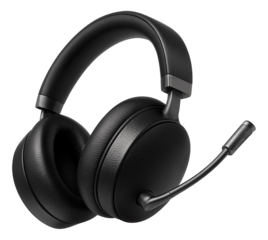 Black over-ear headphones with attached microphone offering a modern design for gaming or communication on transparent background.