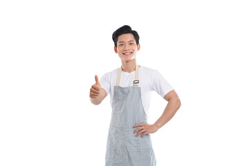 portrait of asian man wearing apron posing on white background