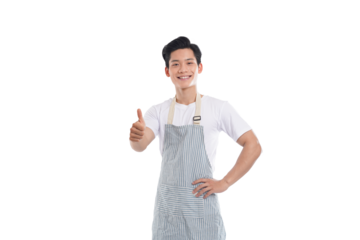 portrait of asian man wearing apron posing on white background