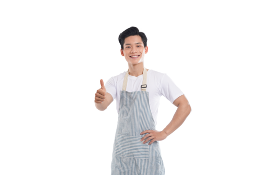 portrait of asian man wearing apron posing on white background