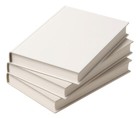 Stack of four plain hardcover books with blank white covers, arranged in a neat pile on transparent background.