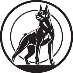Bold Doberman vector illustration standing alert inside a circular frame. Great for K9 units, home defense branding, or elite protection dog services.