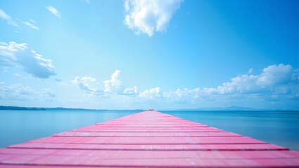 Pink wooden pier leading to calm blue ocean & sky. Minimalist travel landscape, serene clouds, dreamy pastel aesthetic, summer escape wallpaper. 