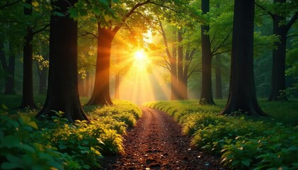Fototapeta premium Serene forest scene at dawn, sun rays filtering through leaves illuminating a tranquil path Perfect for nature, travel, and wellness themes , exploration, trees
