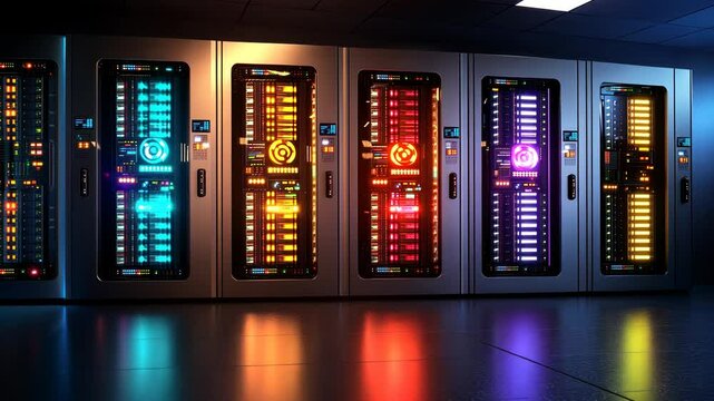 Vibrant server racks illuminate a modern data center floor
