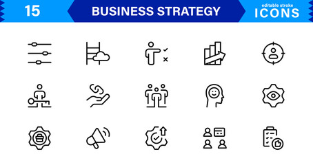 Professional Business Strategy Icon Set Featuring Planning, Analysis, Goals, Innovation, and Growth in a Clean Minimal Vector Style