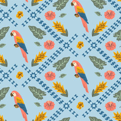 Seamless tropical pattern with colorful macaws, hibiscus flowers, palm leaves, and ethnic geometric elements on a light blue background.