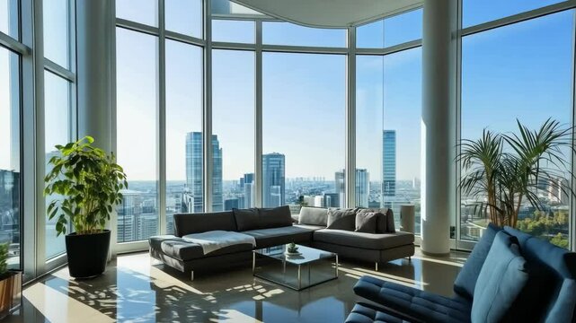 Modern highrise apartment with panoramic cityscape through floortoceiling windows