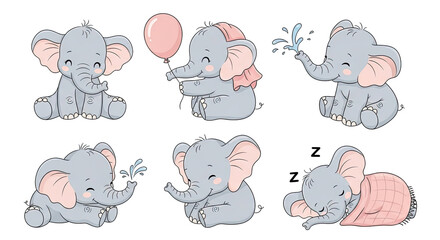 Fototapeta premium Collection of six charming cartoon elephants with gray bodies pink ears and details on transparent background. Each elephant displays different action and emotions.
