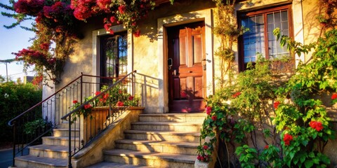 Obraz premium A quaint home with a wooden door and a wrought iron railing leading up to a set of stone steps, adorned with vibrant flowers and lush greenery, bathed in warm sunlight.