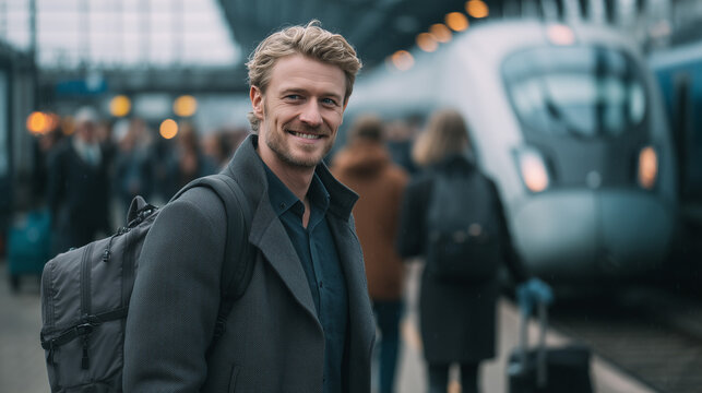 Business Commuter at Train Platform.A smiling young man in a coat and backpack stands on a busy train platform as a modern train arrives behind him, evoking urban commuting, business travel