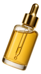 Elegant cosmetic dropper bottle filled with golden liquid oil and a shiny cap on transparent background.