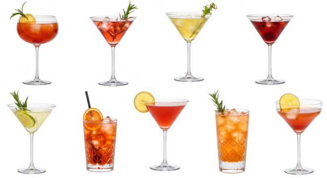 Photo of Diverse Cocktails in Elegant Glasses Isolated on Black Background