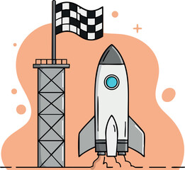 Rocket Launch Illustration with Checkered Flag Tower in Simple Style Vector Artwork 