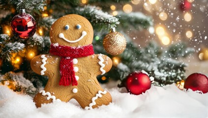 Gingerbread Man Cookie in Snow with Holiday Decorations