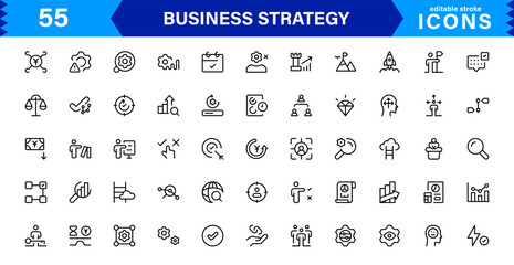 Professional Business Strategy Icon Set Featuring Planning, Analysis, Goals, Innovation, and Growth in a Clean Minimal Vector Style