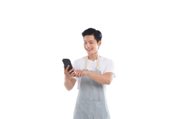 portrait of asian man wearing apron posing on white background