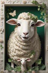 portrait of a sheep with soft white fleece on display inside a wooden box decorated with flowers and plants