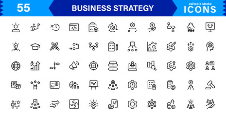 Professional Business Strategy Icon Set Featuring Planning, Analysis, Goals, Innovation, and Growth in a Clean Minimal Vector Style