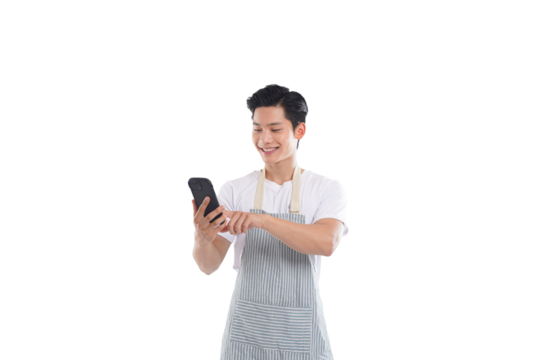 portrait of asian man wearing apron posing on white background