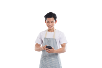 portrait of asian man wearing apron posing on white background