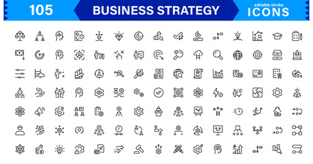 Professional Business Strategy Icon Set Featuring Planning, Analysis, Goals, Innovation, and Growth in a Clean Minimal Vector Style